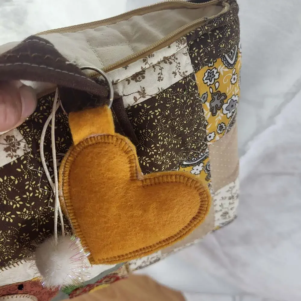 Handmade Quilted Patchwork Tote Bag with Bird Applique and Felt Heart keychain C